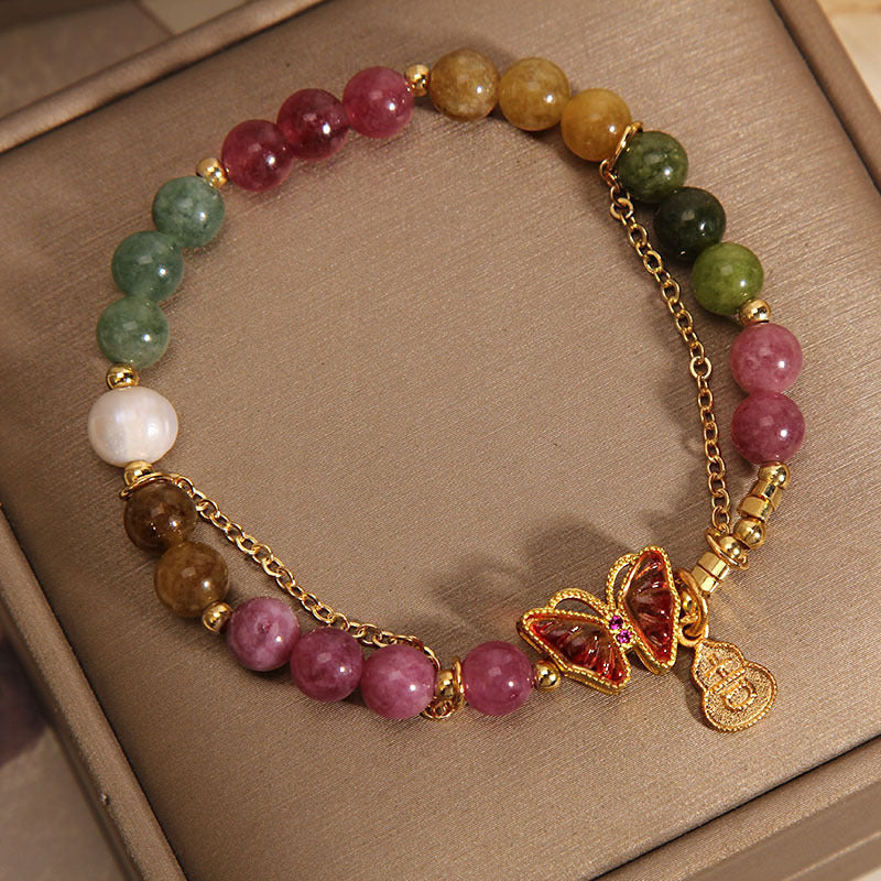Pulsera positiva con abalorio de calabaza, turmalina colorida Natural, mariposa, carácter auspicioso, Buddha Stones