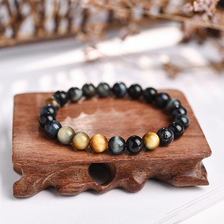 Pulsera de cuentas de ojo de tigre de cristal curativo de ansiedad y estrés con Buddha Stones
