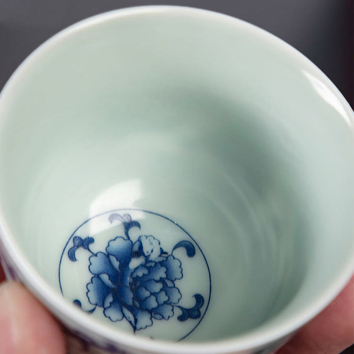 Taza de té de cerámica pequeña con Buddha Stones, paisaje azul, montañas, loto, lindos pabellones de gatos, Magnolia Reed Egrets, taza de té de Kung Fu