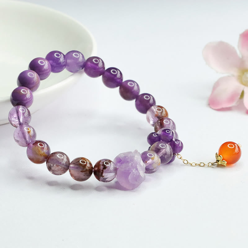 Pulsera de conciencia espiritual con Buddha Stones, amatista natural, púrpura, piedra fantasma