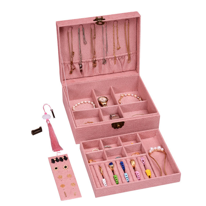 Caja organizadora de joyas de diseño Simple con Buddha Stones, caja de almacenamiento de joyas de dos capas, caja de franela con cerradura - Rosa 23 x 19 x 6,5 cm - image 10