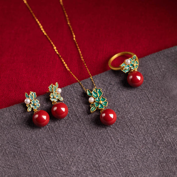 Juego de anillos y pendientes con colgante de flor de perla de cinabrio chapado en plata de ley 925 con Buddha Stones