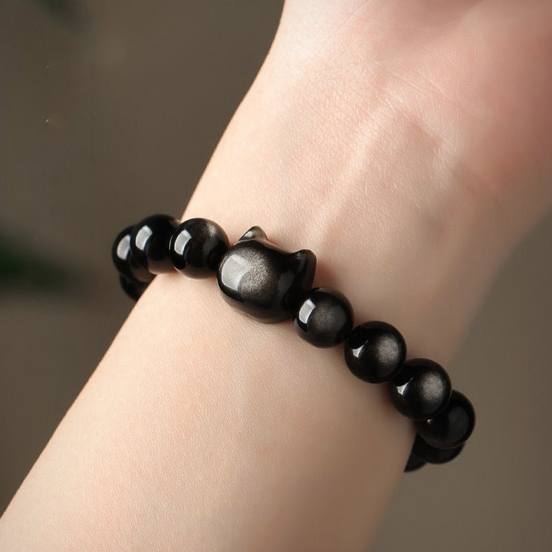 Buddha Stones Obsidiana con brillo dorado Obsidiana con brillo plateado Pata encantadora Pulsera de protección del gato de la suerte - image 17