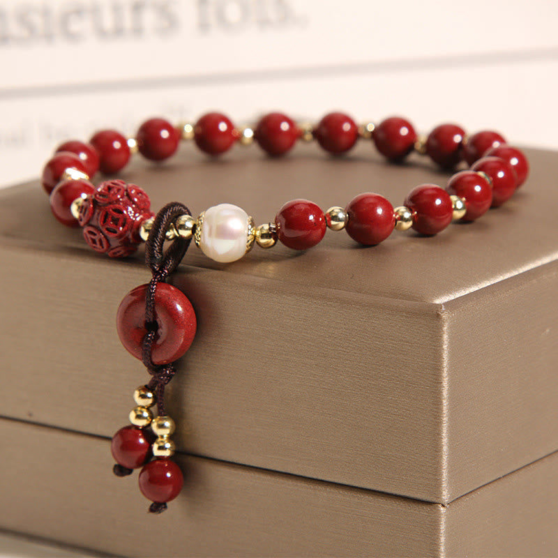 Pulsera de bendición con dije de moneda de cobre con hebilla de paz de cinabrio Natural con Buddha Stones