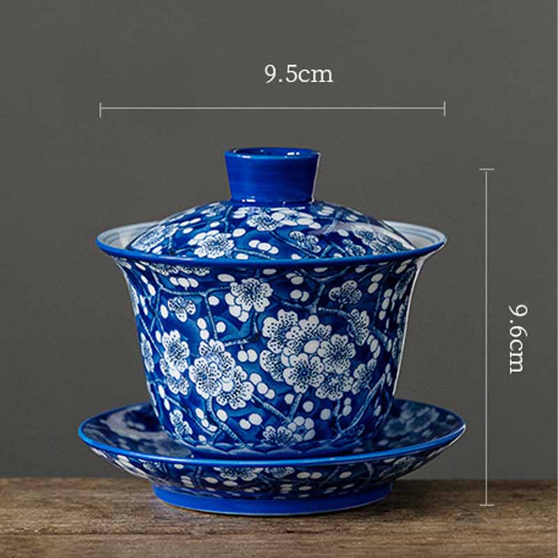 Taza de té de cerámica Gaiwan Sancai, taza de té de Kung Fu y platillo con tapa, Buddha Stones, flor de ciruelo, porcelana azul y blanca, 185ml