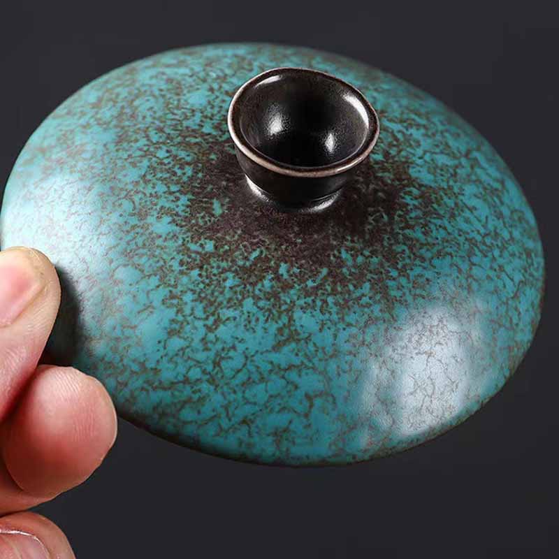 Taza de té y platillo con tapa, Gaiwan Sancai de cerámica verde, pino tradicional, Buddha Stones , Kung Fu