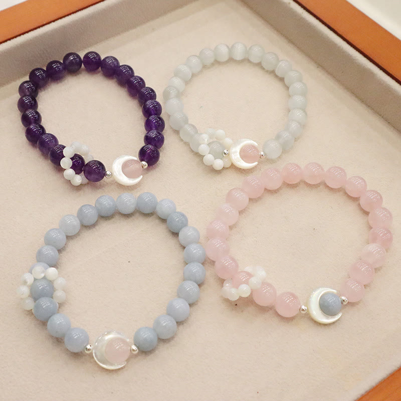 Pulsera de plata de ley 925 con Buddha Stones, amatista natural, aguamarina, cristal rosa, ojo de gato, luna creciente curativa