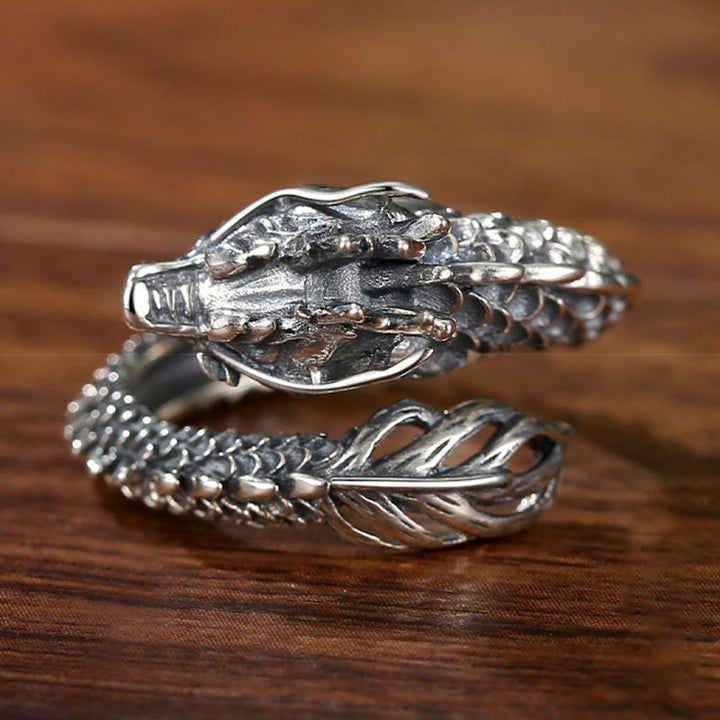 Anillo ajustable de plata de ley 925 con Buddha Stones , diseño de dragón vintage, protección del éxito, fuerza