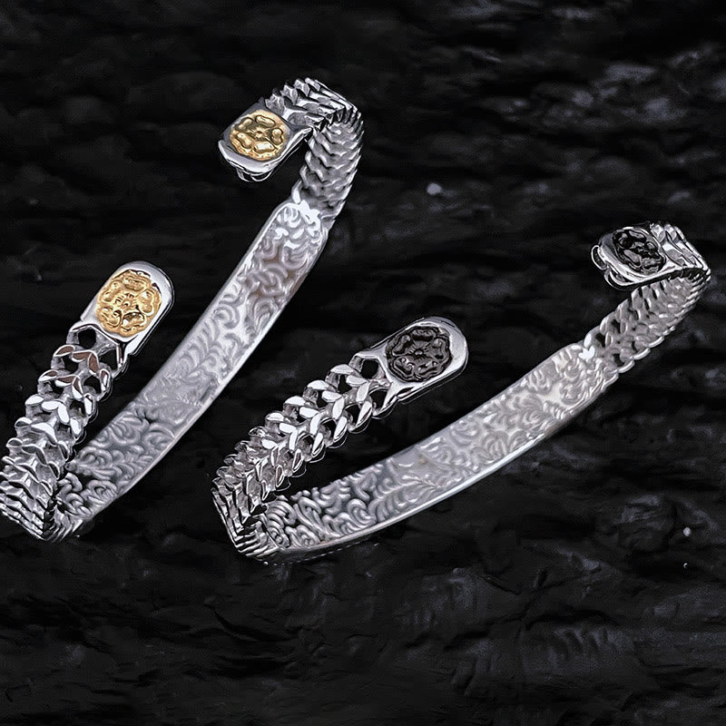 Brazalete de la suerte de cobre grabado con diseño de flor de la dinastía Tang, anillo ajustable