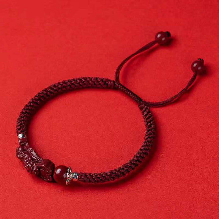 Pulsera trenzada de cinabrio PiXiu hecha a mano con Buddha Stones - Cuerda ajustable de color rojo oscuro - 17 cm - image 17
