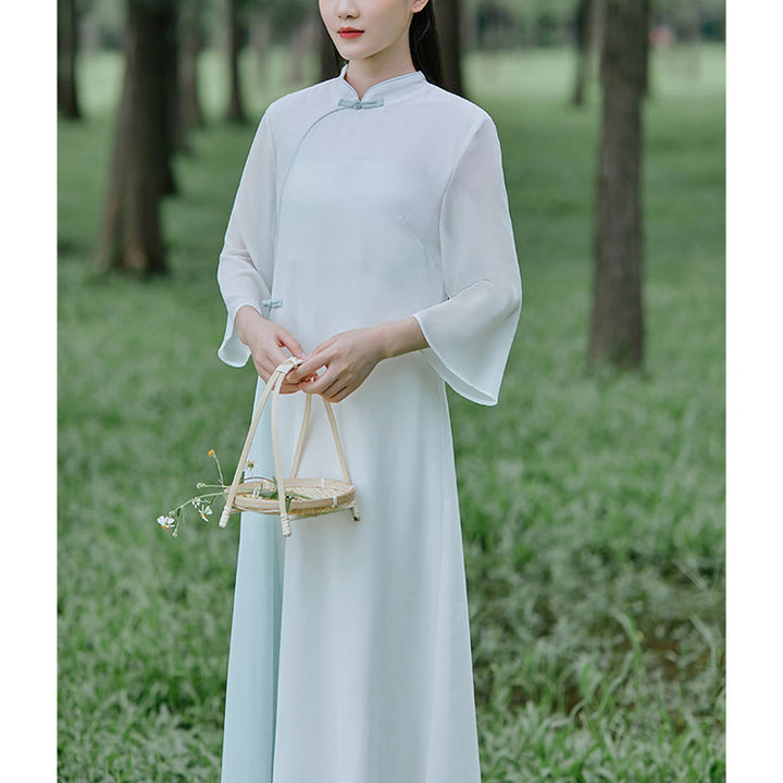 Vestido midi Cheongsam de gasa con manga tres cuartos y Buddha Stones , pantalones de pierna ancha, ropa de práctica Zen para meditación