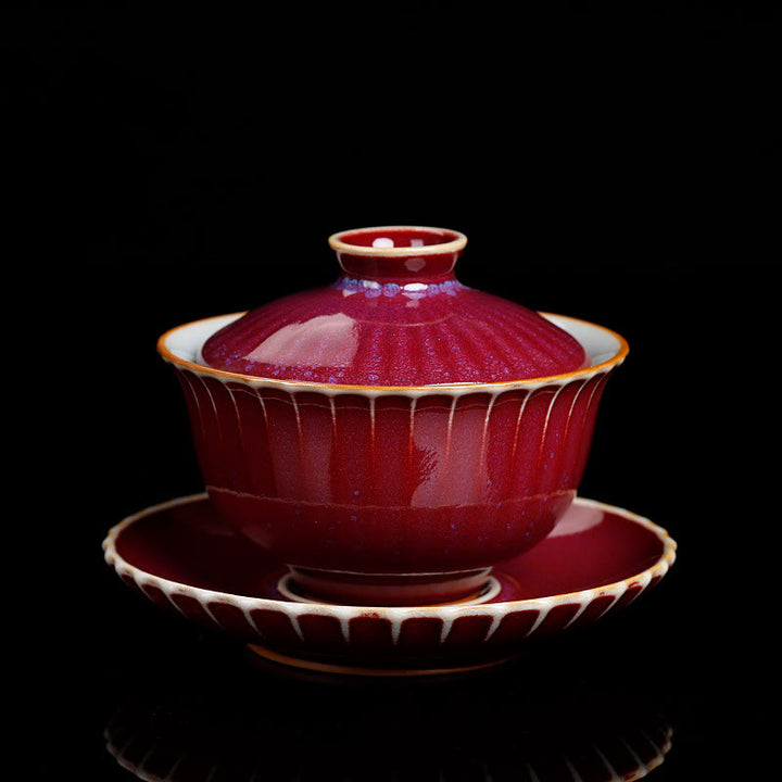 Taza de té y platillo con tapa, cerámica Gaiwan Sancai, cambio de horno de esmalte Retro, Buddha Stones , Kung Fu - ESTILO ROJO (EL COLOR Y EL ESMALTE PUEDEN VARIAR) - 11,5 cm x 8,5 cm x 140 ml - image 5
