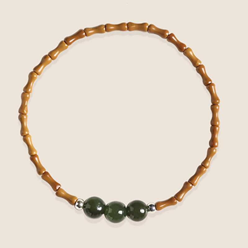 Pulsera de la suerte con cuentas de jade hetiano con patrón de bambú de oliva natural con Buddha Stones