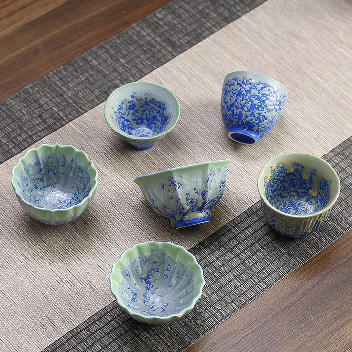 Buddha Stones, Retro Azul, rojo, gradiente, patrón de loto, cambio de horno, taza de té de cerámica, tazón de té de Kung Fu