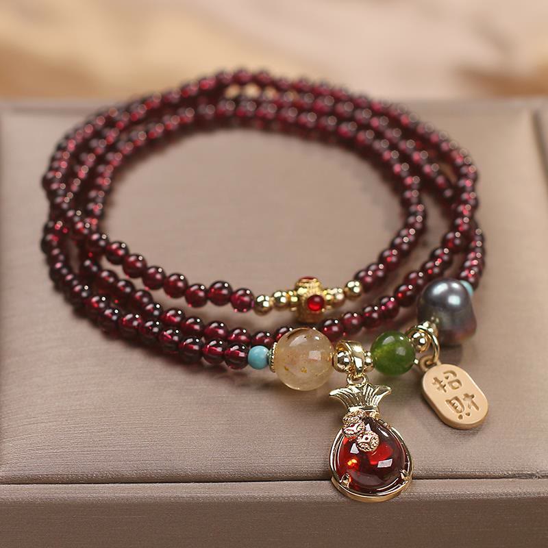 Buddha Stones de múltiples capas, granate Natural, Jade, moneda, bolsa de dinero, pulsera de protección de riqueza