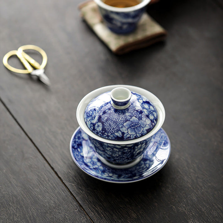 Taza de té y platillo de cerámica Gaiwan Sancai, porcelana azul y blanca Vintage, Buddha Stones , Kung Fu, con tapa