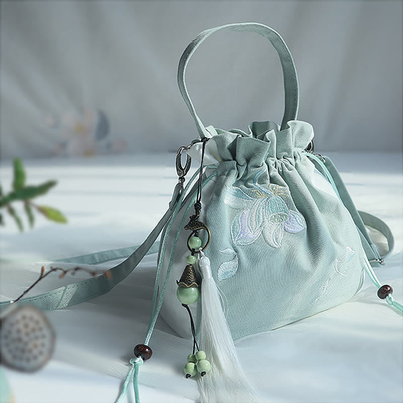 Bolso de hombro de lona con flores bordadas hechas a mano con Buddha Stones - Loto verde blanco 20*20cm - image 40