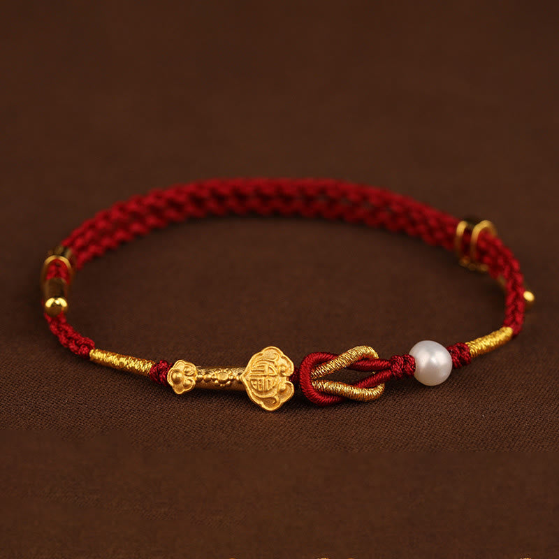 Pulsera trenzada de la suerte con perlas de conejo y mango de Ruyi del deseo de oro de 24 quilates con Buddha Stones - image 1