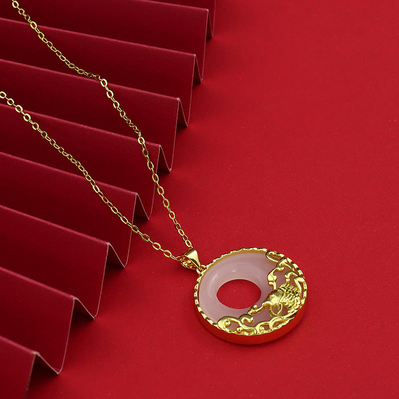 Colgante de collar de prosperidad de acero de titanio con pez Koi de jade blanco - image 2