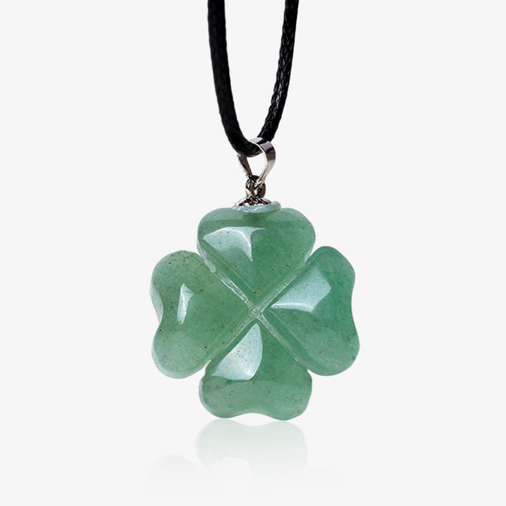 Collar con colgante de cuerda de cuero de la suerte con trébol de cuatro hojas de aventurina verde de plata de ley 925 con Buddha Stones