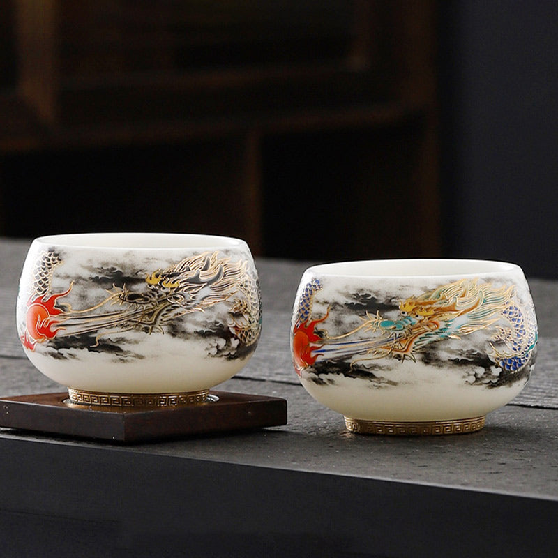 Taza de té de cerámica de porcelana blanca con diseño de dragón jugando con Buddha Stones, taza de té de Kung Fu de 160ml