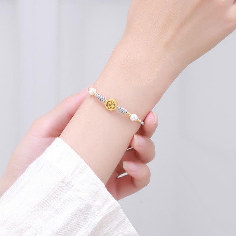 Pulsera trenzada de cuerda azul con Buddha Stones, moneda de cobre, árbol de la fortuna, perla, suerte
