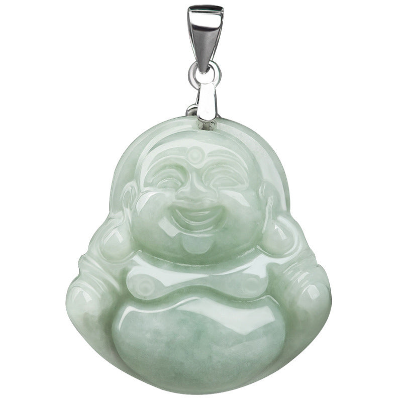 Collar con colgante de cadena de acero y titanio con Buddha Stones sonriente y bendición de jade - image 7