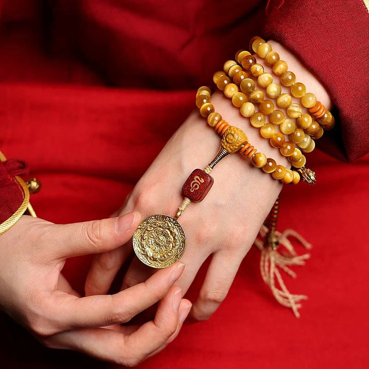 Pulsera con borlas de protección Dorje de cobre y ojo de tigre Natural, 108 cuentas de Mala , Buddha Stones