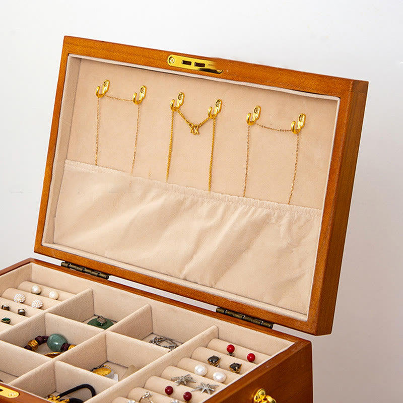 Caja de joyería de madera maciza retro con Buddha Stones, caja de almacenamiento de joyería de madera de cuatro capas