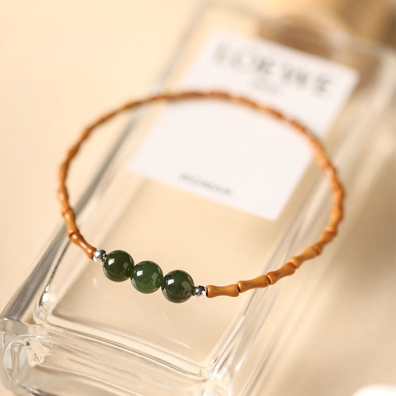 Pulsera de la suerte con cuentas de jade hetiano con patrón de bambú de oliva natural con Buddha Stones