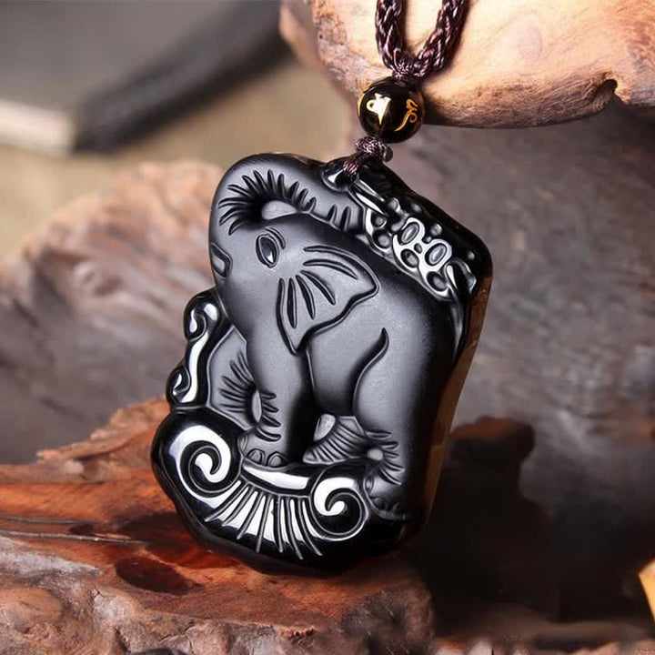 Llavero con colgante de collar de cadena de protección de elefante de obsidiana negra