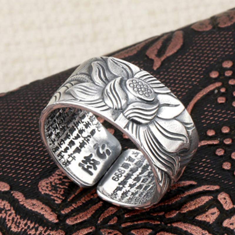 Anillo de protección Sutra de corazón con símbolo de loto de plata de ley 999 con Buddha Stones