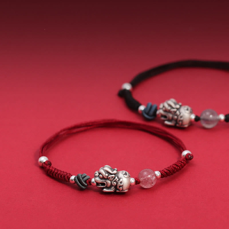 Pulsera trenzada de plata de ley 999 con Buddha Stones PiXiu, cuentas de cuarzo fresa, riqueza y suerte - image 0
