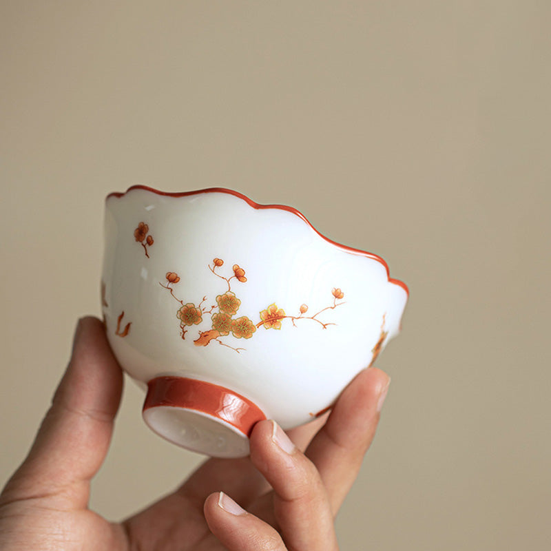 Taza de té y platillo con tapa, Gaiwan Sancai de cerámica, flores de porcelana blanca, Buddha Stones, Kung Fu