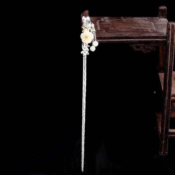 Horquilla de bendición de flor de jade blanco hetiano de plata de ley 925