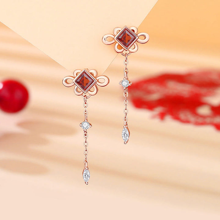 Juego de pendientes y pulsera con colgante de circonita roja, Plata de Ley 925 con Buddha Stones , anudado chino