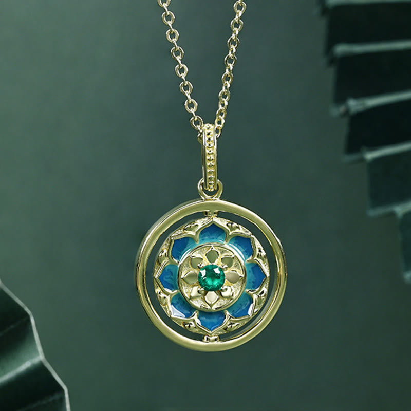Colgante de collar giratorio con iluminación de circonita floral con flor de loto de Plata de Ley 925 con Buddha Stones