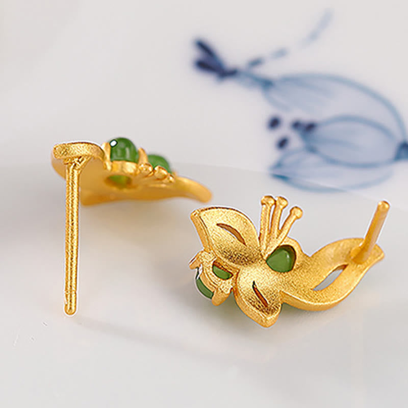 Pendientes curativos de la suerte de mariposa de jade cian natural chapado en plata de ley 925 con Buddha Stones