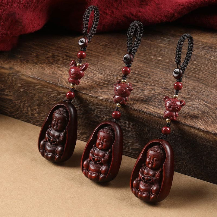 Llavero de protección con amuleto del zodiaco chino, Buddha Stones , hoja pequeña, sándalo rojo, Buda, cinabrio