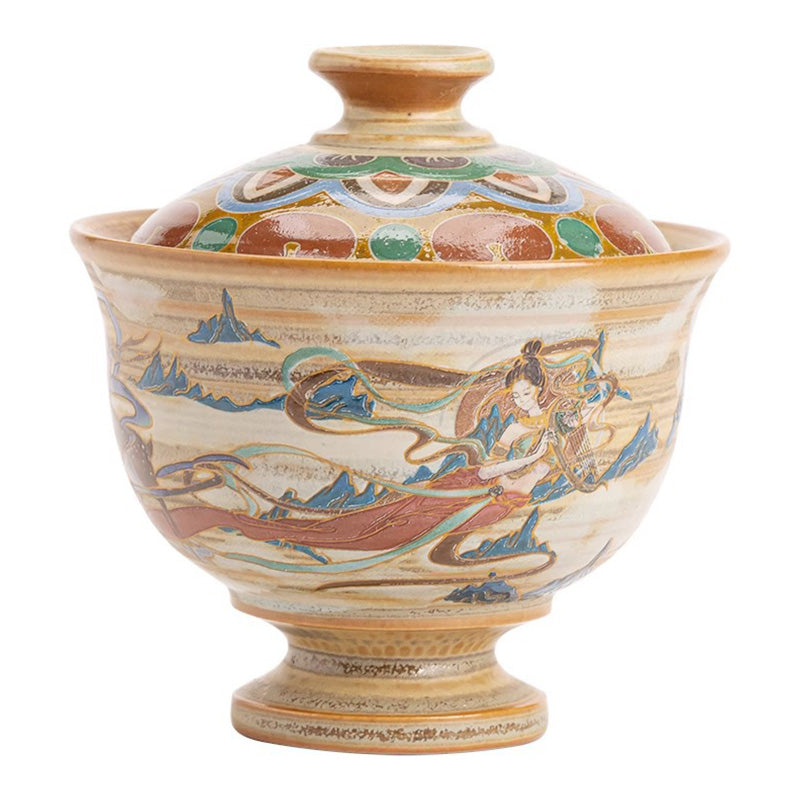 Taza de té de cerámica Gaiwan Sancai de Dunhuang Flying Apsaras con Buddha Stones, taza de té de Kung Fu con tapa
