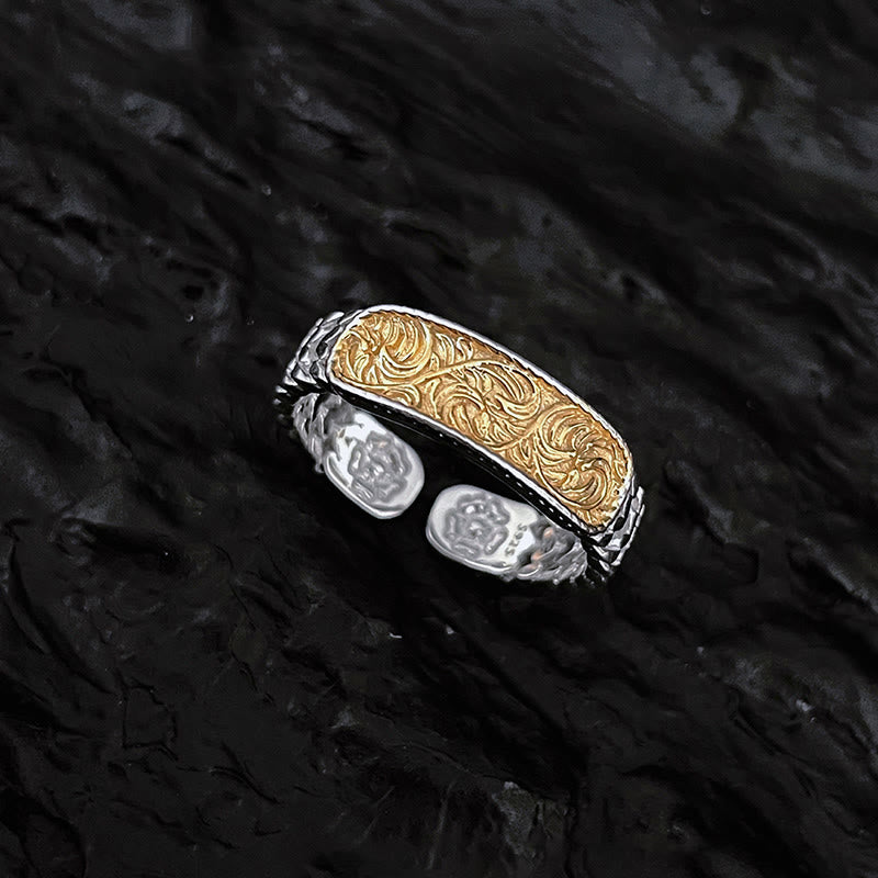 Brazalete de la suerte de cobre grabado con diseño de flor de la dinastía Tang, anillo ajustable