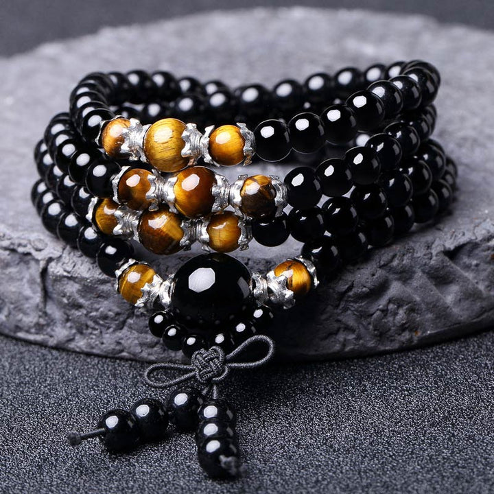 Pulsera Mala de ojo de tigre de obsidiana negra natural con 108 Buddha Stones
