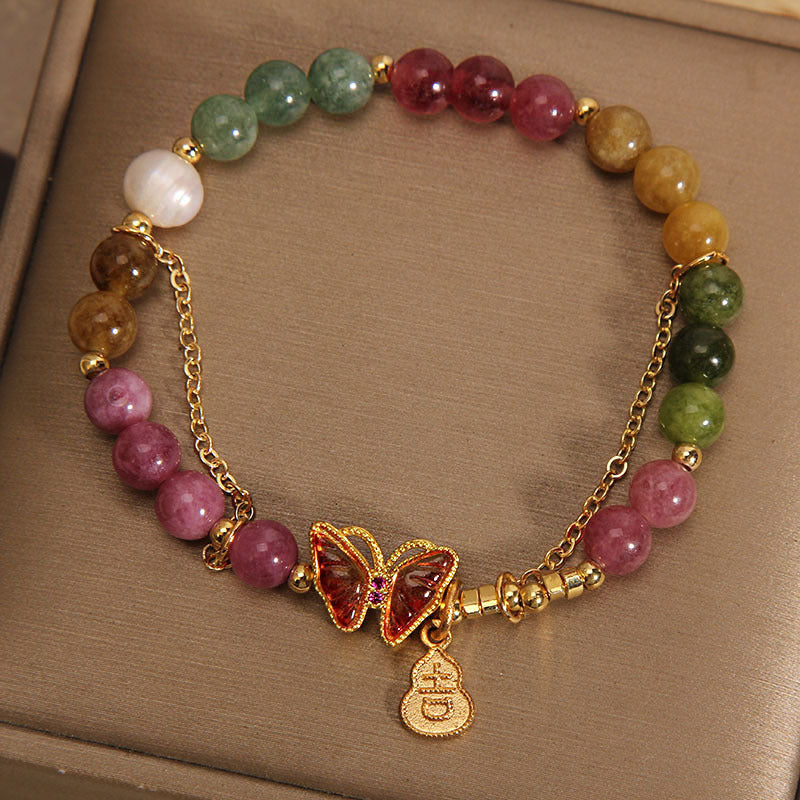 Pulsera positiva con abalorio de calabaza, turmalina colorida Natural, mariposa, carácter auspicioso, Buddha Stones