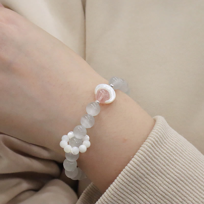 Pulsera de plata de ley 925 con Buddha Stones, amatista natural, aguamarina, cristal rosa, ojo de gato, luna creciente curativa