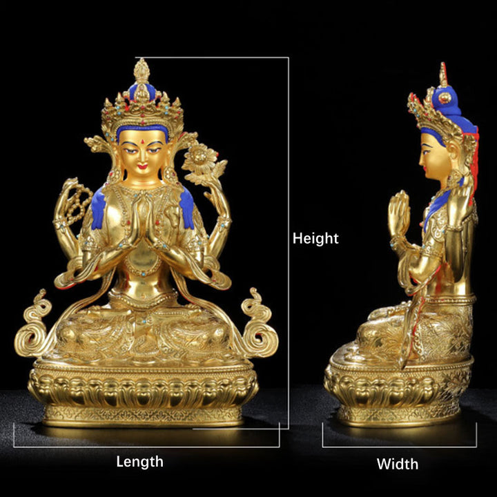 Chenrezig-Estatua chapada en oro y cobre con protección Avalokitesvara de cuatro brazos, decoración