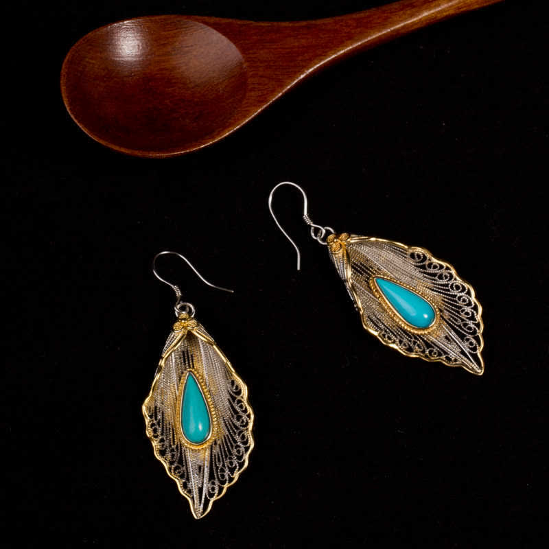 Pendientes colgantes de plata de ley 925 con diseño de hoja de Bodhi turquesa