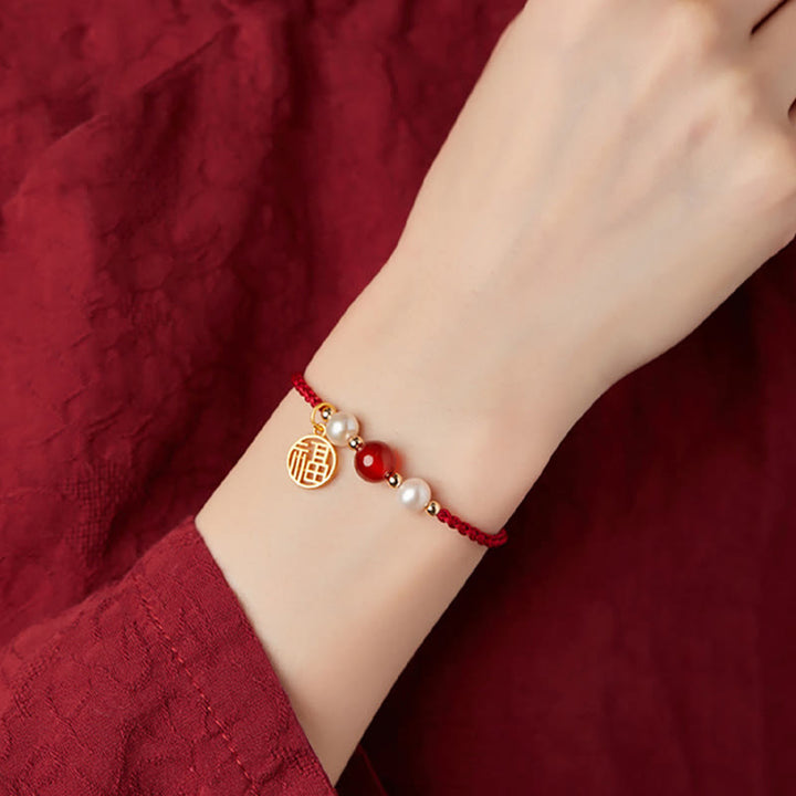 Pulsera trenzada de hilo rojo con perlas de ágata y personaje de buena fortuna, Plata de Ley 925 con Buddha Stones