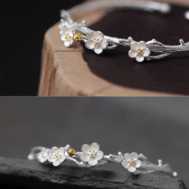 Pulsera ajustable con Buddha Stones de plata de ley 925 con flor de ciruelo y bendición