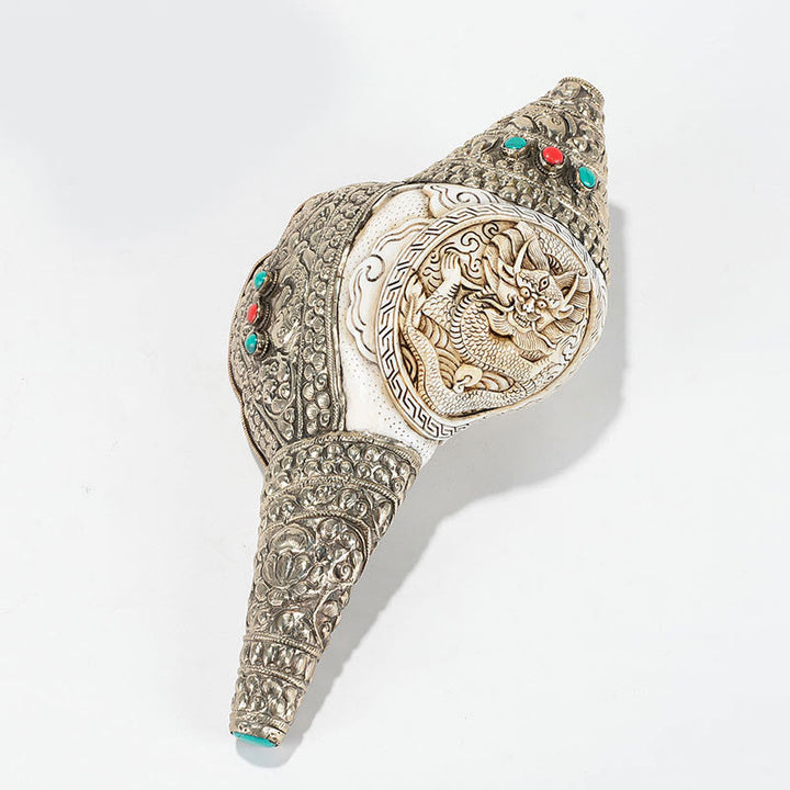 Concha de caracola Shankha Natural tibetana, concha marina, decoración del hogar de la suerte y la riqueza - Dragón tallado 26,5 x 14 cm - image 18