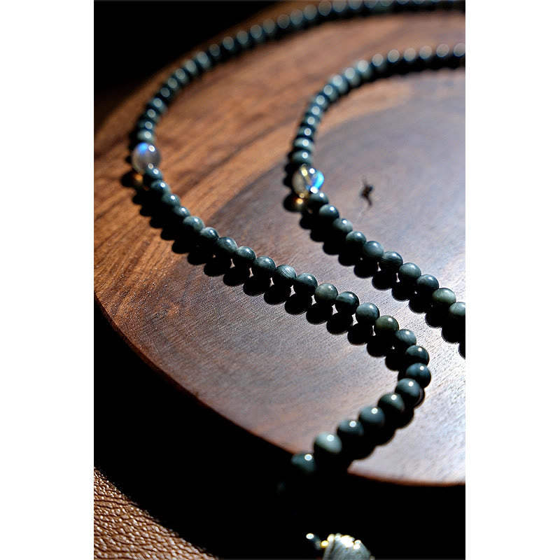 Buddha Stones Plata de Ley 925 108 Cuentas Mala Piedra Ojo de Águila Pulsera Positiva de Piedra Lunar